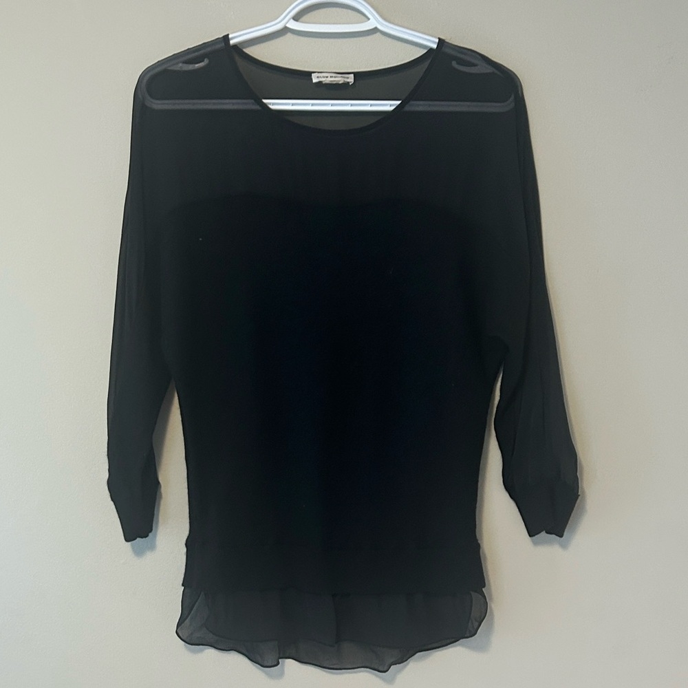 Club Monaco Silk & Wool Blend Black Sheer Sleeve Layered-Hem Blouse